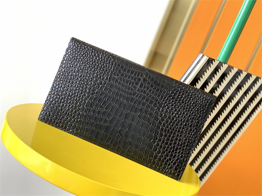 Y.S.L UPTOWN POUCH IN CROCODILE EMBOSSED LEATHER Black Color Silver Tone Metal