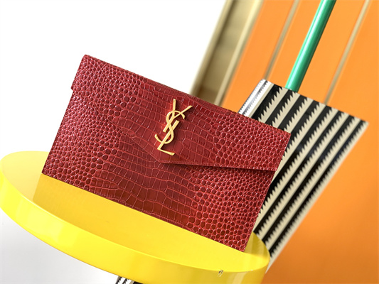 Y.S.L UPTOWN POUCH IN CROCODILE EMBOSSED LEATHER Red Color Gold Tone Metal