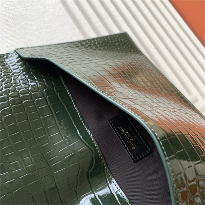 Y.S.L UPTOWN POUCH IN CROCODILE EMBOSSED LEATHER Dk Green Color Gold Tone Metal