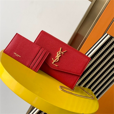 Y.S.L UPTOWN CHAIN WALLET IN GRAIN DE POUDRE EMBOSSED LEATHER Red Color Gold Tone Metal
