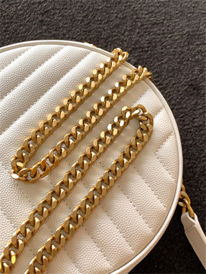 Y.S.L VINYLE ROUND CAMERA BAG IN White Chevron Quilted Grain De Poudre Embossed Leather Gold Tone Metal