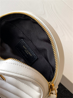 Y.S.L VINYLE ROUND CAMERA BAG IN White Chevron Quilted Grain De Poudre Embossed Leather Gold Tone Metal