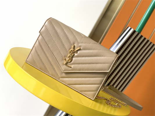 Y.S.L CASSANDRA ENVELOPE CHAIN WALLET IN GRAIN DEPOUDRE LEATHER Beige Color Gold Tone Metal