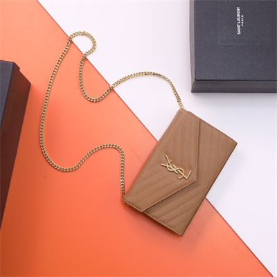 Y.S.L CLASSIC CASSANDRA CHAIN WALLET IN GRAIN DEPOUDRE LEATHER Brown Color Gold Tone Metal