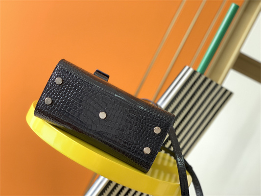 Y.S.L SAC DE JOUR NANO In Navy Crocodile Embossed Leather Silver Tone Metal