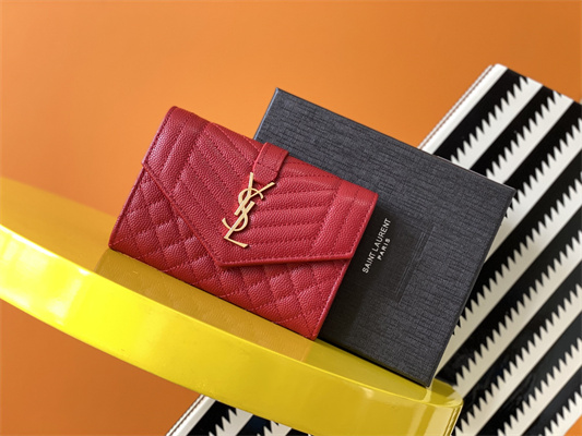 Y.S.L SMALL ENVELOPE WALLET IN MIX MATELASS?? GRAIN DE POUDRE EMBOSSED LEATHER Red Color Gold Tone Metal