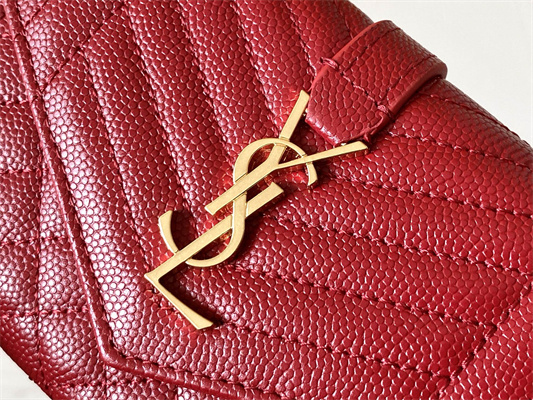 Y.S.L SMALL ENVELOPE WALLET IN MIX MATELASS?? GRAIN DE POUDRE EMBOSSED LEATHER Red Color Gold Tone Metal