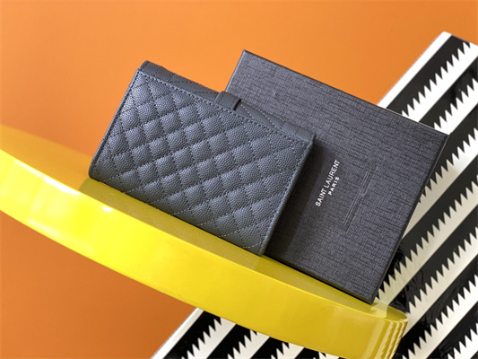 Y.S.L SMALL ENVELOPE WALLET IN MIX MATELASS?? GRAIN DE POUDRE EMBOSSED LEATHER Dk Grey Color Gold Tone Metal