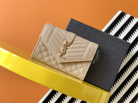 Y.S.L SMALL ENVELOPE WALLET IN MIX MATELASS?? GRAIN DE POUDRE EMBOSSED LEATHER Beige Color Gold Tone Metal