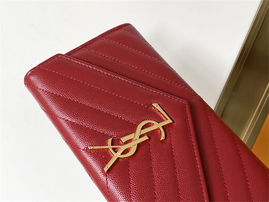 Y.S.L CASSANDRA MATELASS?? LARGE FLAP WALLET IN GRAIN DE POUDRE EMBOSSED LEATHER Red Color Gold Tone Metal