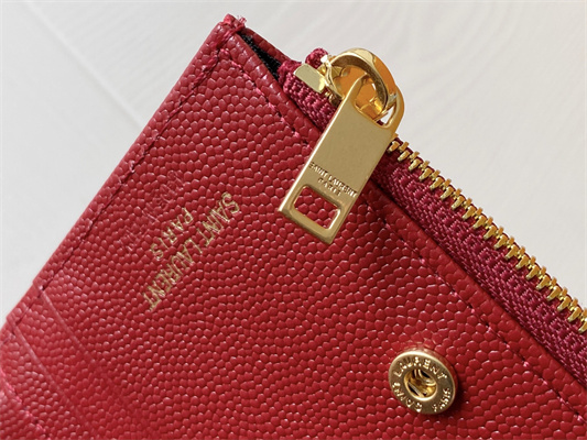 Y.S.L CASSANDRA MATELASS?? BI-FOLD WALLET IN GRAIN DE POUDRE EMBOSSED LEATHER Red Color Gold Tone Metal