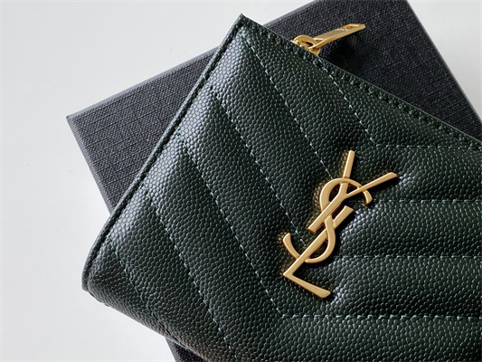 Y.S.L CASSANDRA MATELASS?? BI-FOLD WALLET IN GRAIN DE POUDRE EMBOSSED LEATHER Dk Green Color Gold Tone Metal