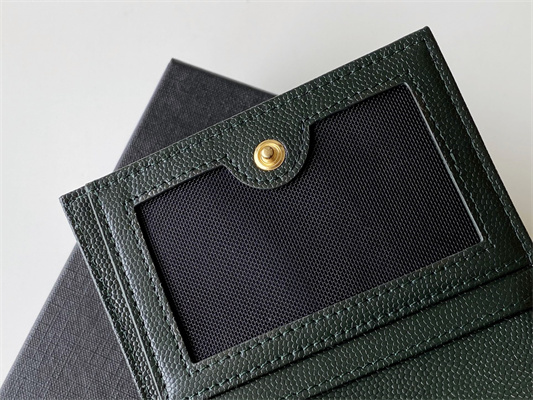 Y.S.L CASSANDRA MATELASS?? BI-FOLD WALLET IN GRAIN DE POUDRE EMBOSSED LEATHER Dk Green Color Gold Tone Metal