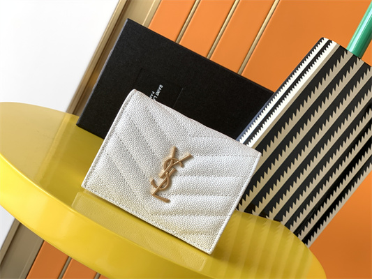 Y.S.L MONOGRAM MATELASS?? WALLET IN GRAIN DE POUDRE EMBOSSED LEATHER White Color Gold Tone Metal