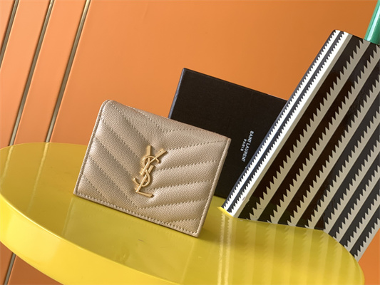 Y.S.L MONOGRAM MATELASS?? WALLET IN GRAIN DE POUDRE EMBOSSED LEATHER Beige Color Gold Tone Metal