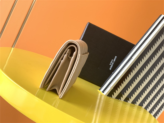 Y.S.L MONOGRAM MATELASS?? WALLET IN GRAIN DE POUDRE EMBOSSED LEATHER Beige Color Gold Tone Metal