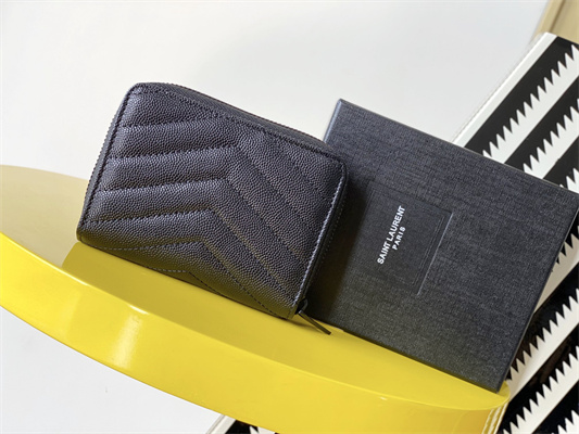 Y.S.L CASSANDRA MATELASS?? COMPACT ZIP AROUND WALLET IN GRAIN DE POUDRE EMBOSSED LEATHER Black Color Black Tone Metal