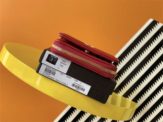 Y.S.L CASSANDRA MATELASS?? COMPACT ZIP AROUND WALLET IN GRAIN DE POUDRE EMBOSSED LEATHER Red Color Gold Tone Metal