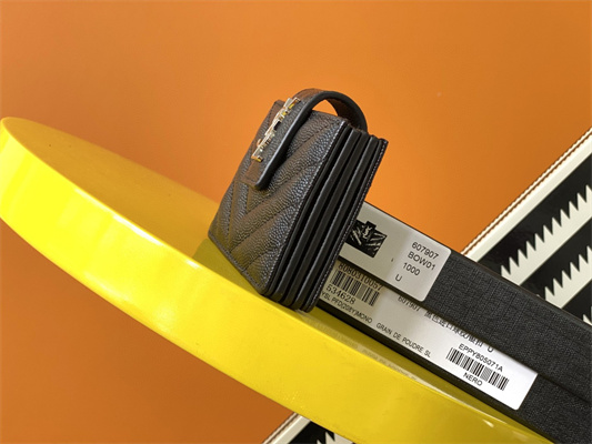 Y.S.L MONOGRAM BUSINESS CARD CASE IN GRAIN DE POUDRE EMBOSSED LEATHER Black Color Silver Tone Metal