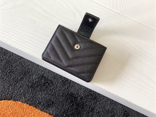 Y.S.L MONOGRAM BUSINESS CARD CASE IN GRAIN DE POUDRE EMBOSSED LEATHER Black Color Silver Tone Metal