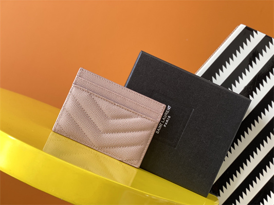 Y.S.L MONOGRAM MATELASS?? CARD CASE IN GRAIN DE POUDRE EMBOSSED LEATHER Pink Color Gold Tone Metal