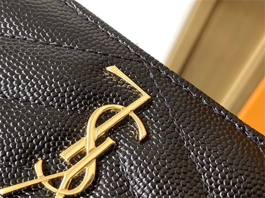 Y.S.L MONOGRAM MATELASS?? CARD CASE IN GRAIN DE POUDRE EMBOSSED LEATHER Black Color Gold Tone Metal