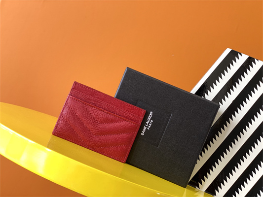 Y.S.L MONOGRAM MATELASS?? CARD CASE IN GRAIN DE POUDRE EMBOSSED LEATHER Red Color Gold Tone Metal