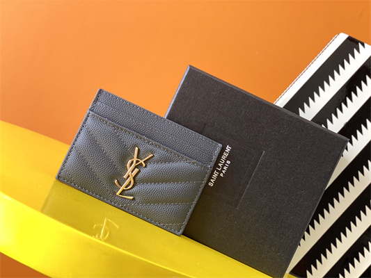 Y.S.L MONOGRAM MATELASS?? CARD CASE IN GRAIN DE POUDRE EMBOSSED LEATHER Grey Color Gold Tone Metal