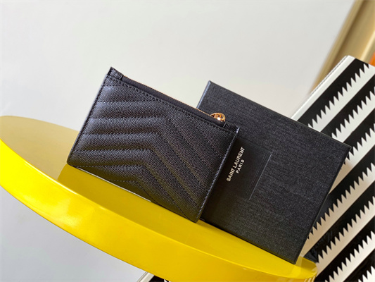 Y.S.L CASSANDRA MATELASS?? ZIP WALLET IN GRAIN DE POUDRE EMBOSSED LEATHER Black Color Gold Tone Metal