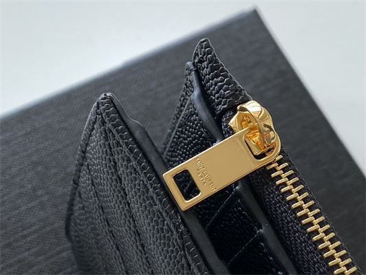 Y.S.L CASSANDRA MATELASS?? ZIP WALLET IN GRAIN DE POUDRE EMBOSSED LEATHER Black Color Gold Tone Metal