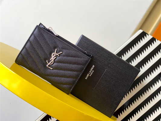 Y.S.L CASSANDRA MATELASS?? ZIP WALLET IN GRAIN DE POUDRE EMBOSSED LEATHER Black Color Silver Tone Metal