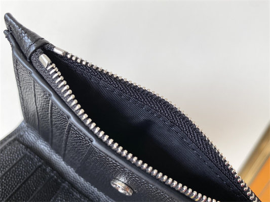 Y.S.L CASSANDRA MATELASS?? ZIP WALLET IN GRAIN DE POUDRE EMBOSSED LEATHER Black Color Silver Tone Metal