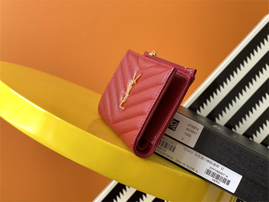 Y.S.L CASSANDRA MATELASS?? ZIP WALLET IN GRAIN DE POUDRE EMBOSSED LEATHER Red Color Gold Tone Metal