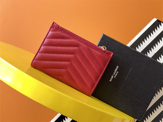 Y.S.L CASSANDRA MATELASS?? ZIP WALLET IN GRAIN DE POUDRE EMBOSSED LEATHER Red Color Gold Tone Metal