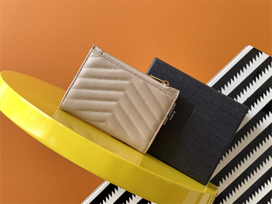 Y.S.L CASSANDRA MATELASS?? ZIP WALLET IN GRAIN DE POUDRE EMBOSSED LEATHER Beige Color Gold Tone Metal