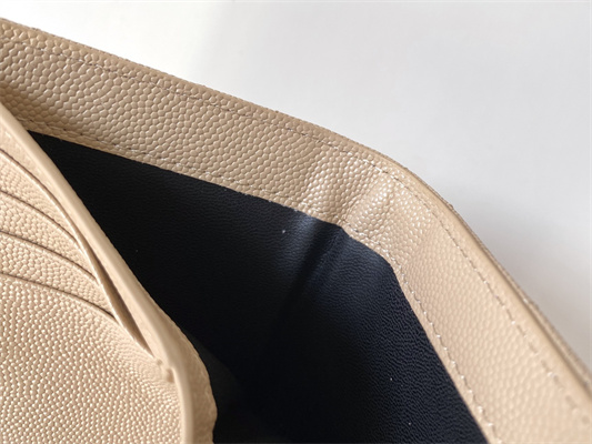 Y.S.L CASSANDRA MATELASS?? ZIP WALLET IN GRAIN DE POUDRE EMBOSSED LEATHER Beige Color Gold Tone Metal