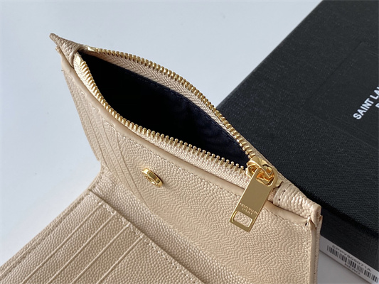 Y.S.L CASSANDRA MATELASS?? ZIP WALLET IN GRAIN DE POUDRE EMBOSSED LEATHER Beige Color Gold Tone Metal