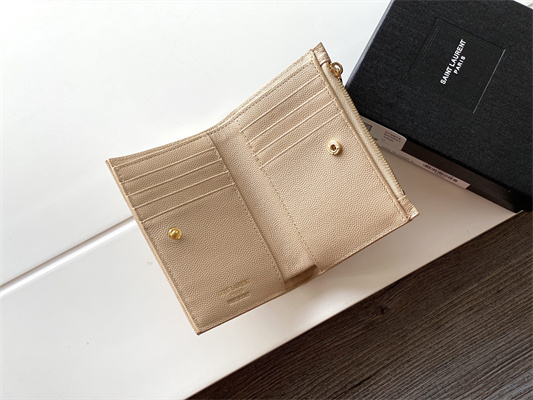 Y.S.L CASSANDRA MATELASS?? ZIP WALLET IN GRAIN DE POUDRE EMBOSSED LEATHER Beige Color Gold Tone Metal