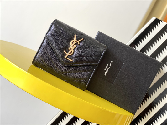 Y.S.L CASSANDRA MATELASS?? COMPACT TRI FOLD WALLET IN GRAIN DE POUDRE EMBOSSED LEATHER Black Color Gold Tone Metal