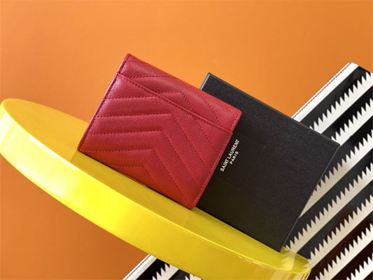 Y.S.L CASSANDRA MATELASS?? COMPACT TRI FOLD WALLET IN GRAIN DE POUDRE EMBOSSED LEATHER Red Color Gold Tone Metal