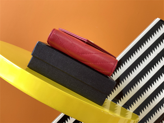 Y.S.L CASSANDRA MATELASS?? COMPACT TRI FOLD WALLET IN GRAIN DE POUDRE EMBOSSED LEATHER Red Color Gold Tone Metal