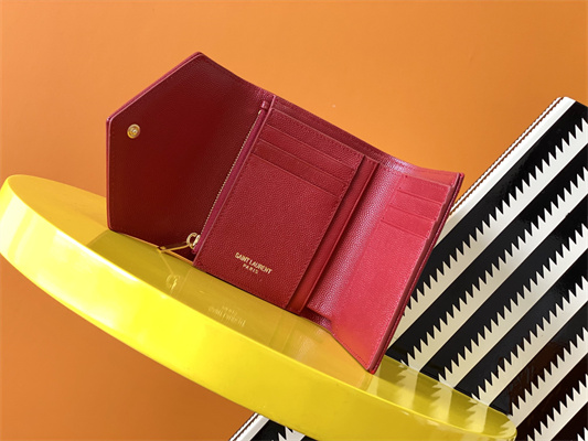 Y.S.L CASSANDRA MATELASS?? COMPACT TRI FOLD WALLET IN GRAIN DE POUDRE EMBOSSED LEATHER Red Color Gold Tone Metal