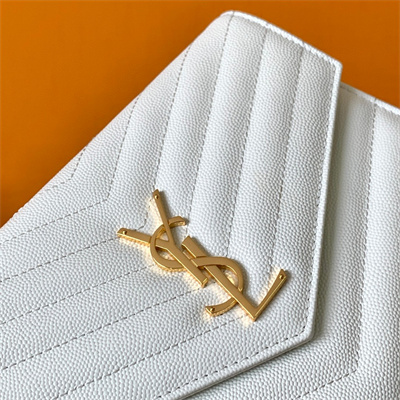 Y.S.L CASSANDRA MATELASS?? FLAP POUCH IN GRAIN DE POUDRE EMBOSSED LEATHER White Color Gold Tone Metal