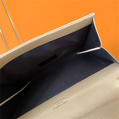 Y.S.L CASSANDRA MATELASS?? FLAP POUCH IN GRAIN DE POUDRE EMBOSSED LEATHER Beige Color Gold Tone Metal