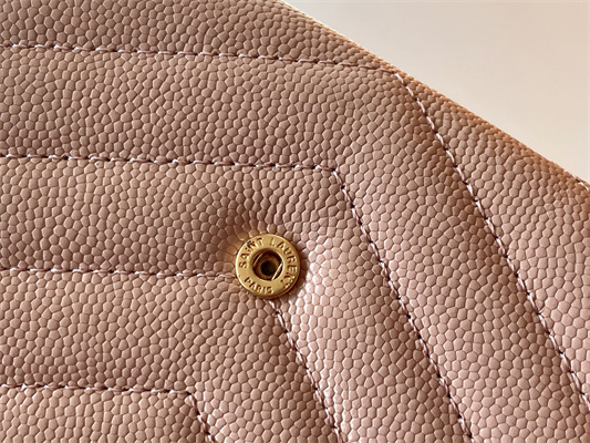 Y.S.L CASSANDRA MATELASS?? SMALL ENVELOPE WALLET IN GRAIN DE POUDRE EMBOSSED LEATHER Pink Color Gold Tone Metal