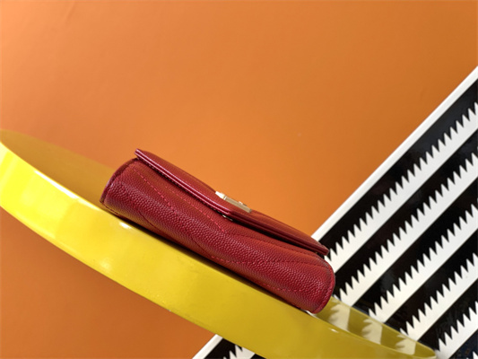 Y.S.L CASSANDRA MATELASS?? SMALL ENVELOPE WALLET IN GRAIN DE POUDRE EMBOSSED LEATHER Red Color Gold Tone Metal