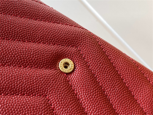 Y.S.L CASSANDRA MATELASS?? SMALL ENVELOPE WALLET IN GRAIN DE POUDRE EMBOSSED LEATHER Red Color Gold Tone Metal