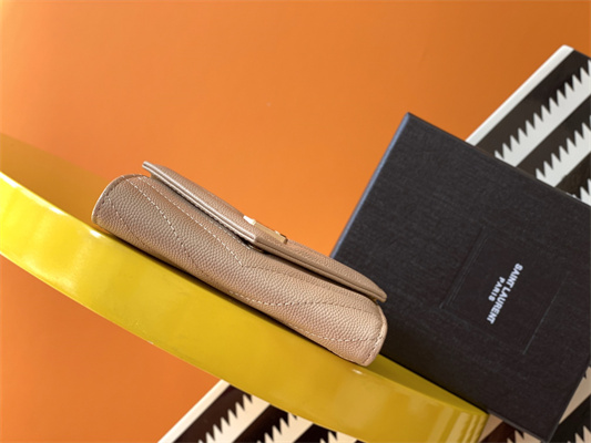 Y.S.L CASSANDRA MATELASS?? SMALL ENVELOPE WALLET IN GRAIN DE POUDRE EMBOSSED LEATHER Beige Color Gold Tone Metal