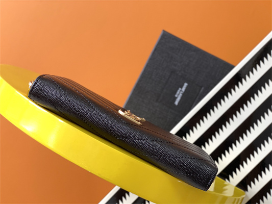 Y.S.L CASSANDRA MATELASS?? ZIP AROUND WALLET IN GRAIN DE POUDRE EMBOSSED LEATHER Black Color Gold Tone Metal