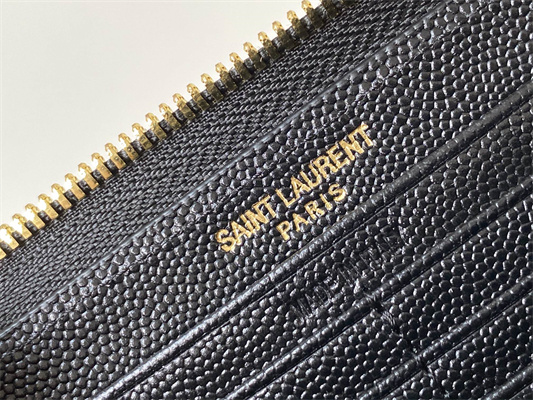 Y.S.L CASSANDRA MATELASS?? ZIP AROUND WALLET IN GRAIN DE POUDRE EMBOSSED LEATHER Black Color Gold Tone Metal